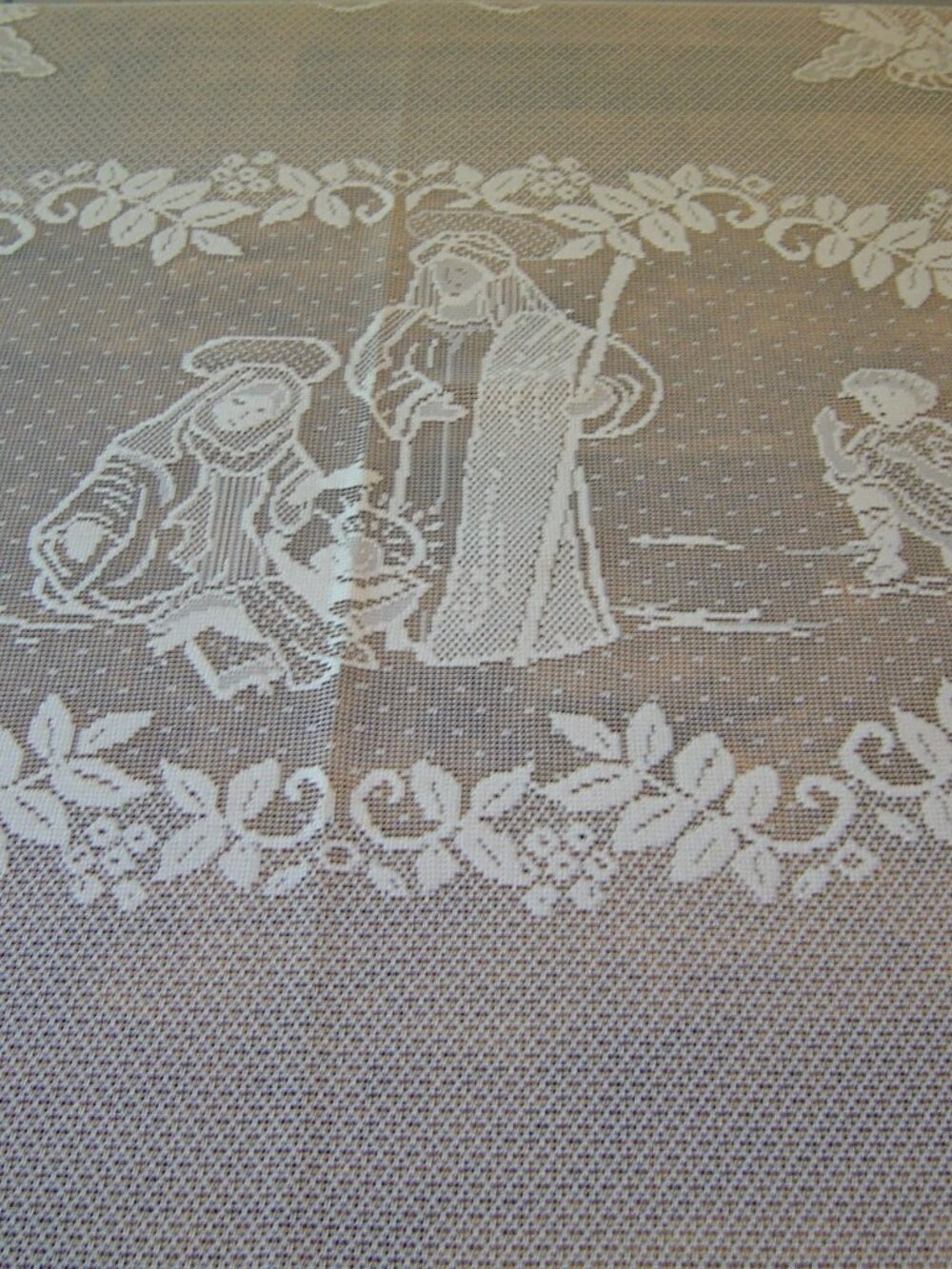 Ivory polyester lace tablecloth with nativity scene design-103"x 59"